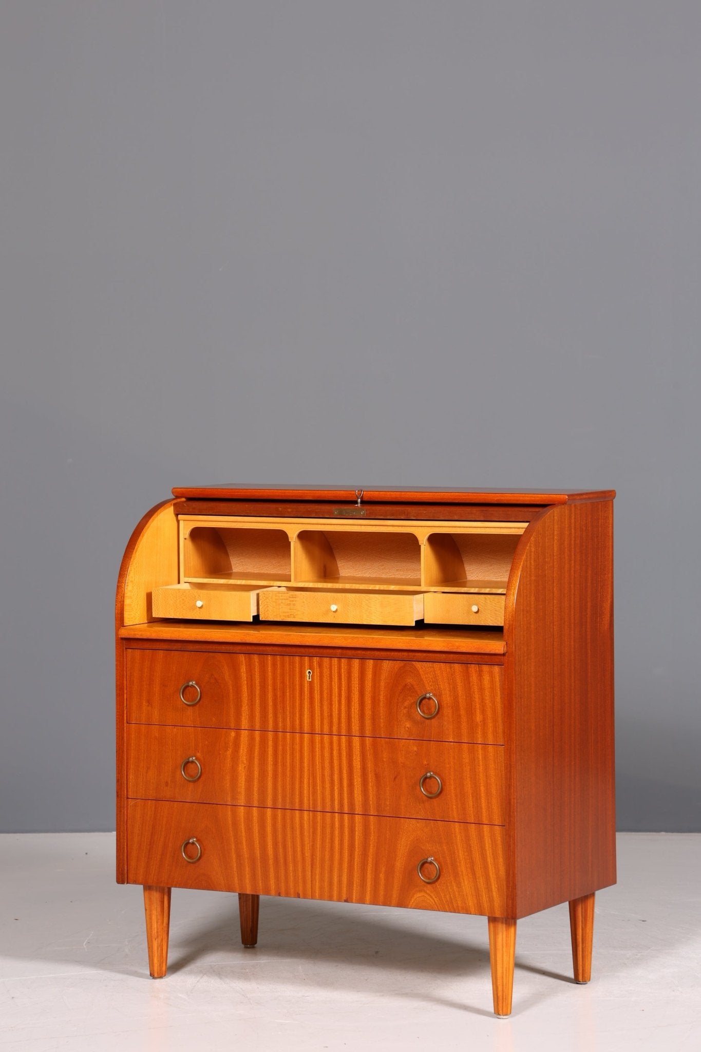 Simple Mid Century Roller Shutter Secretary Real Wood Office Cabinet Vintage Writing Desk