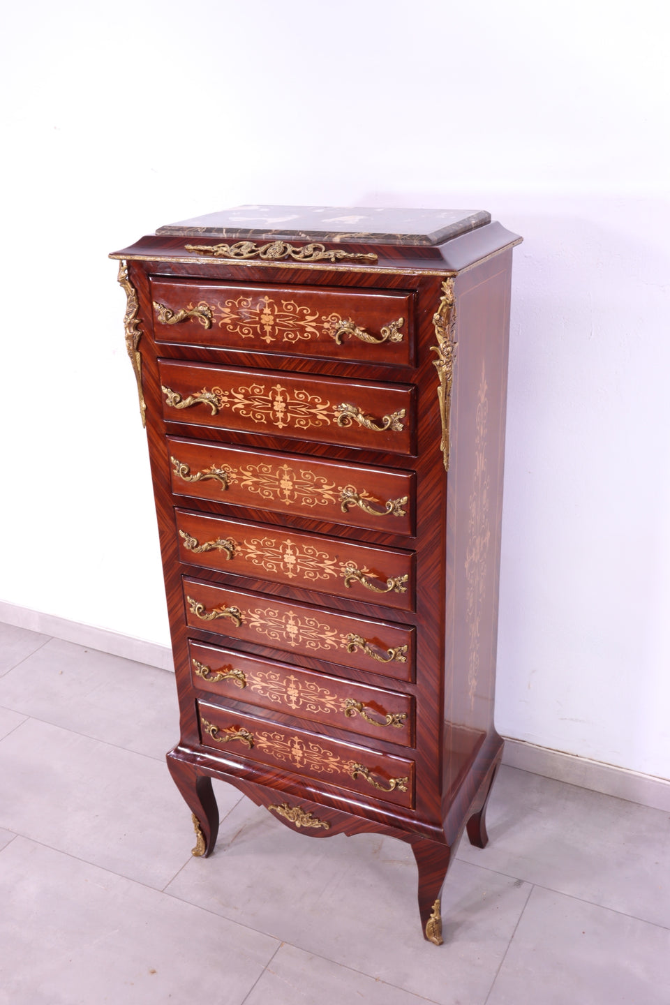 Barock Stil Louis XV Highboard Marmor Kommode Antik Stil Intarsien