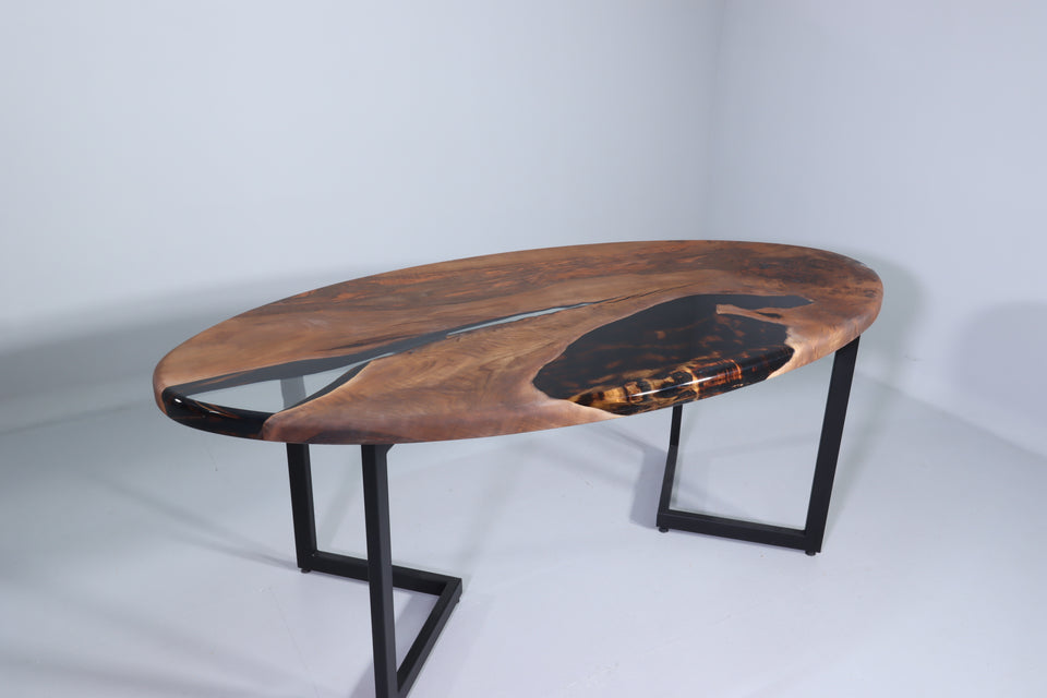 Einzigartiger Ovaler Epoxidharz Tisch 193-95cm Nussbaum Esszimmer Tisch