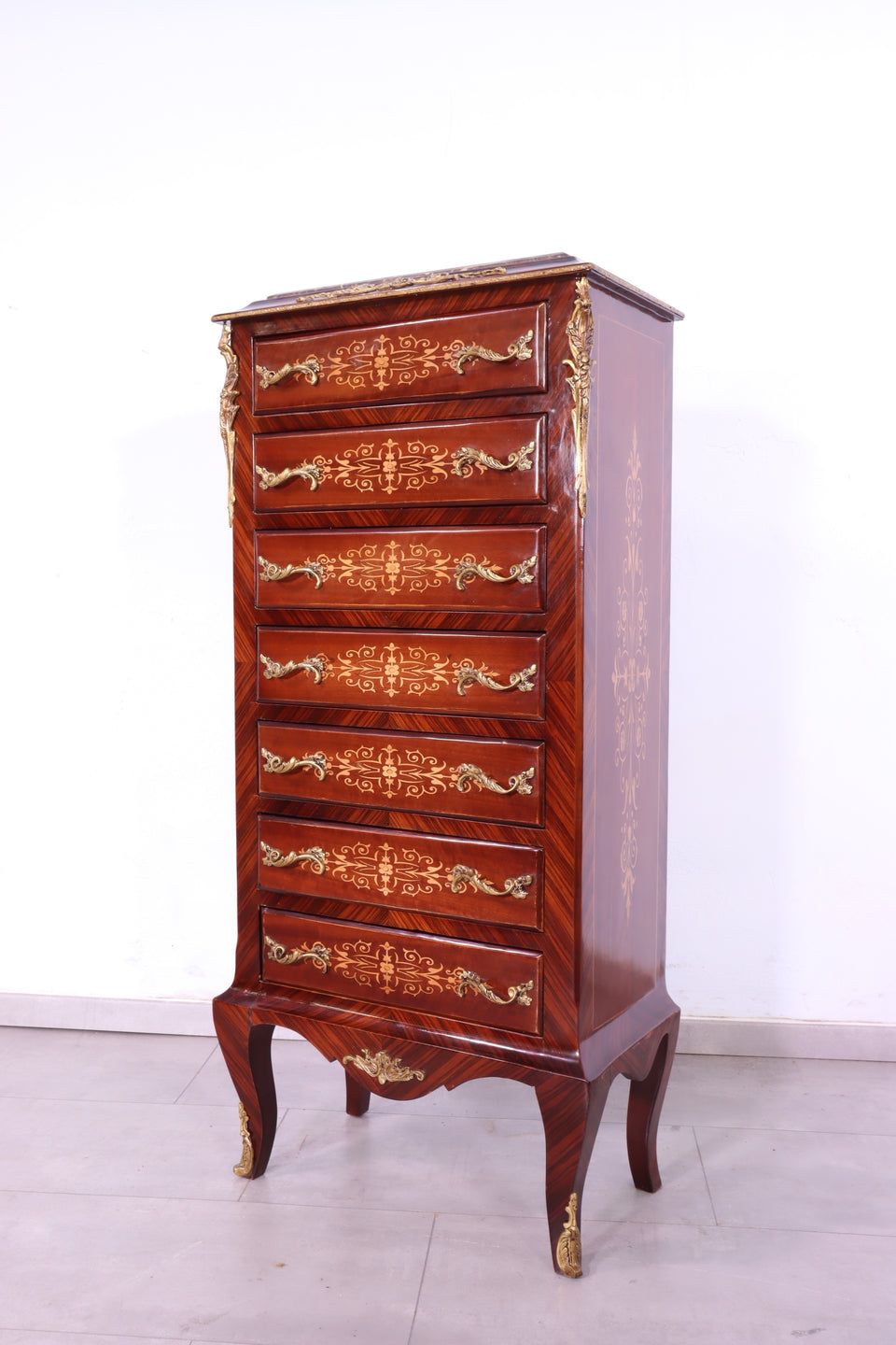 Barock Stil Louis XV Highboard Marmor Kommode Antik Stil Intarsien