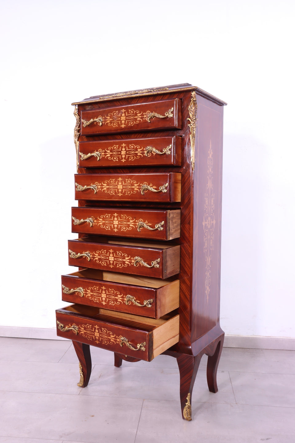 Barock Stil Louis XV Highboard Marmor Kommode Antik Stil Intarsien